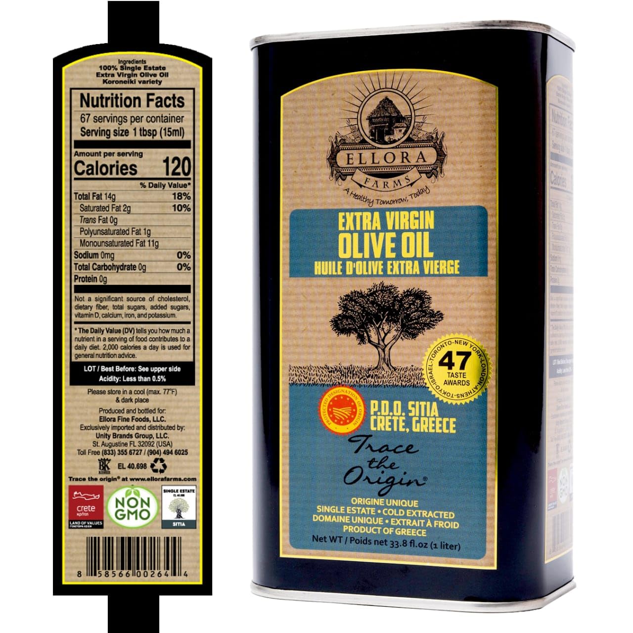 Ellora Farms, Greek Extra Virgin Olive Oil, Certified PDO SITIA, Single Estate, Single Origin, Single Variety, Cold Press & Trac