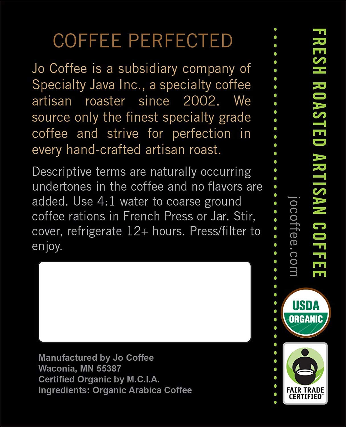 Colombia Jo: 2 Lb Organic Coffee, Whole Bean, Medium Roast, 100% Usda Organic, Fair Trade Certified, Kosher Certified, Gmo Free,