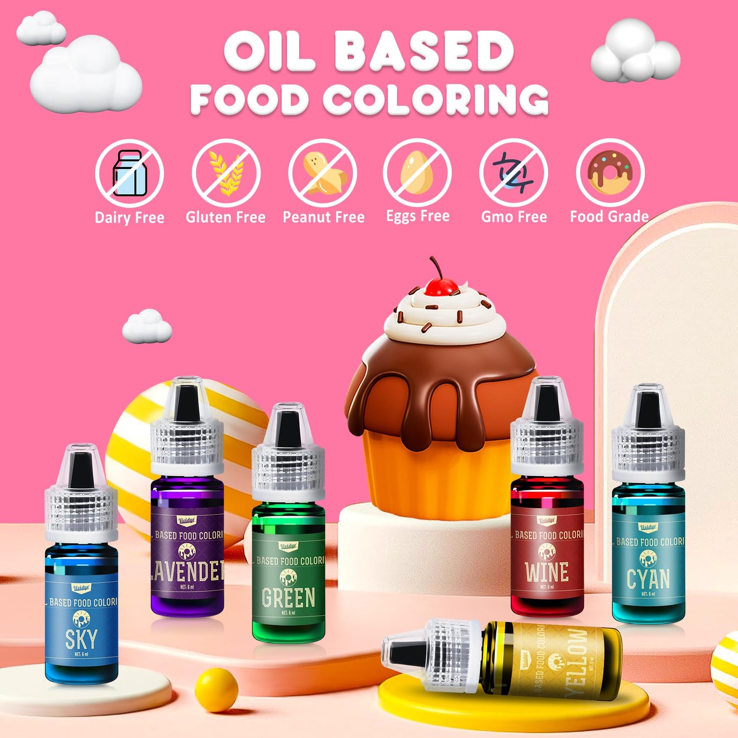 Vividye Oil Based Food Coloring Set - 10 Colors, 6ml Each, Fat Soluble for Baking, Candy Melts, and Fondant