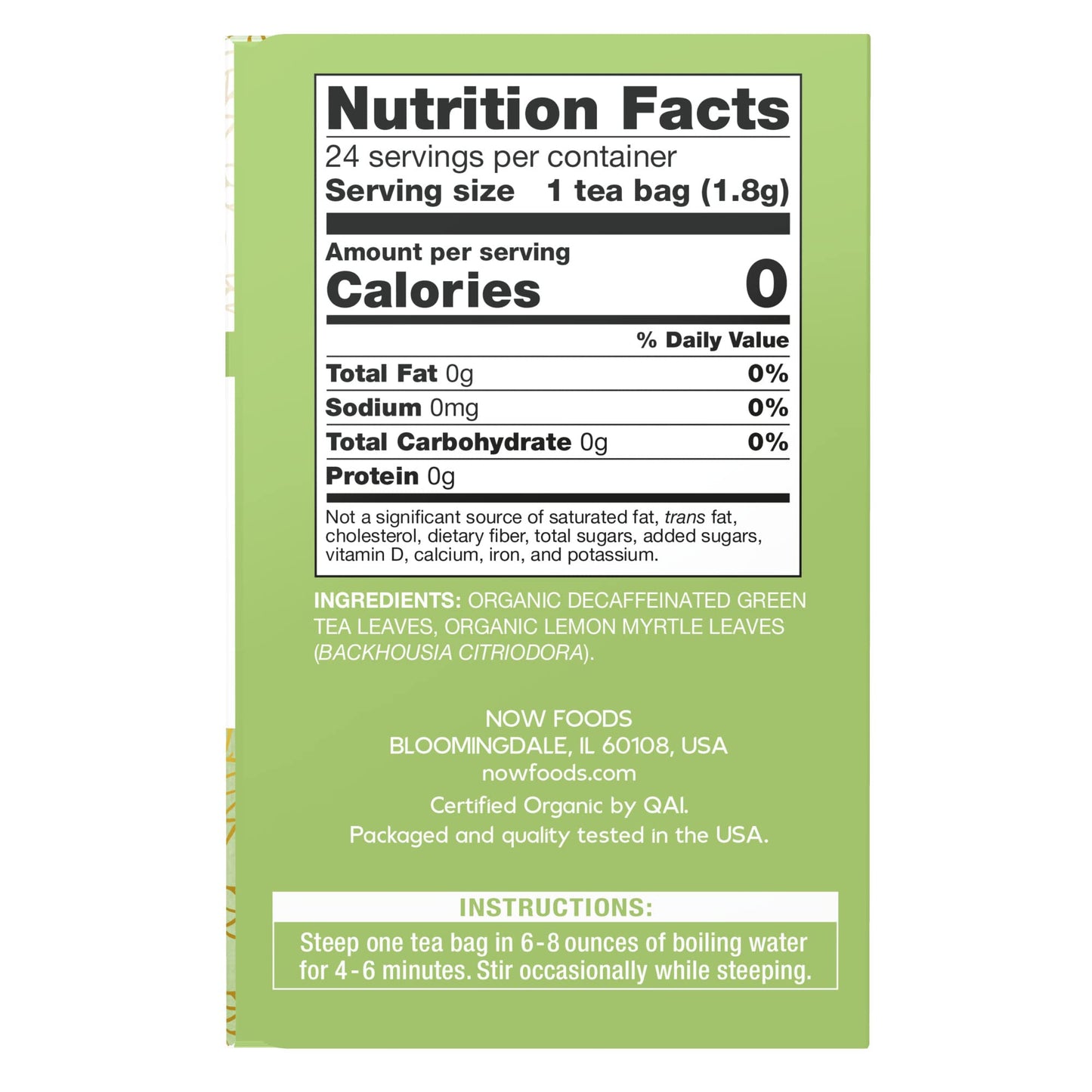 Now Foods, Certified Organic Green Tranquility™ Tea, Decaf Green With Lemon Myrtle, Non-Gmo, Premium Unbleached Tea Bags With No-Staples Design, 24-Count