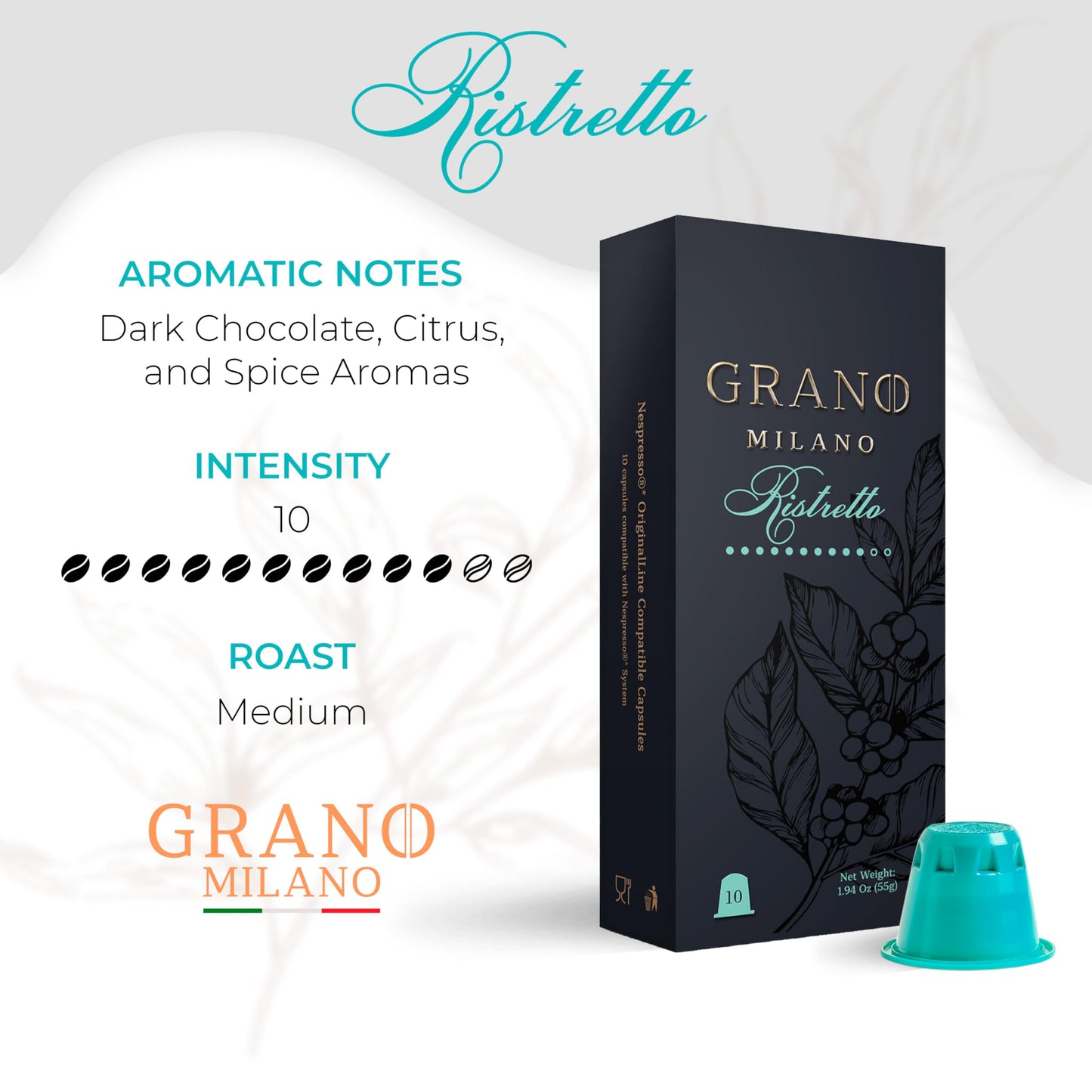 Grano Milano Espresso Pods - 50 Count, Compatible with Nespresso Original, Medium Roast, Intensity 10/12, Made in Italy