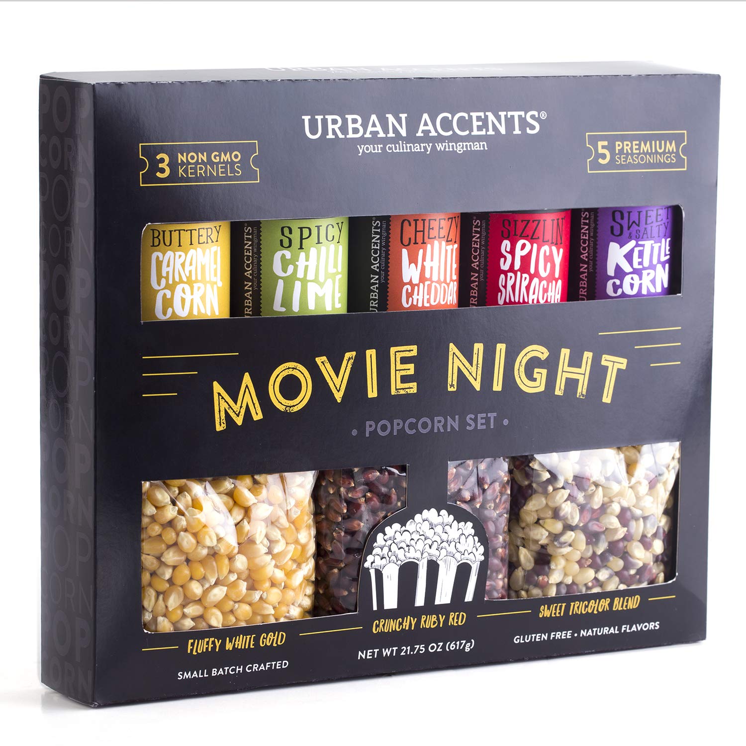 Urban Accents MOVIE NIGHT Popcorn Kernels and Popcorn Seasoning Variety Pack (set of 8) - 3 Non-GMO Popcorn Kernel Packs and 5 G