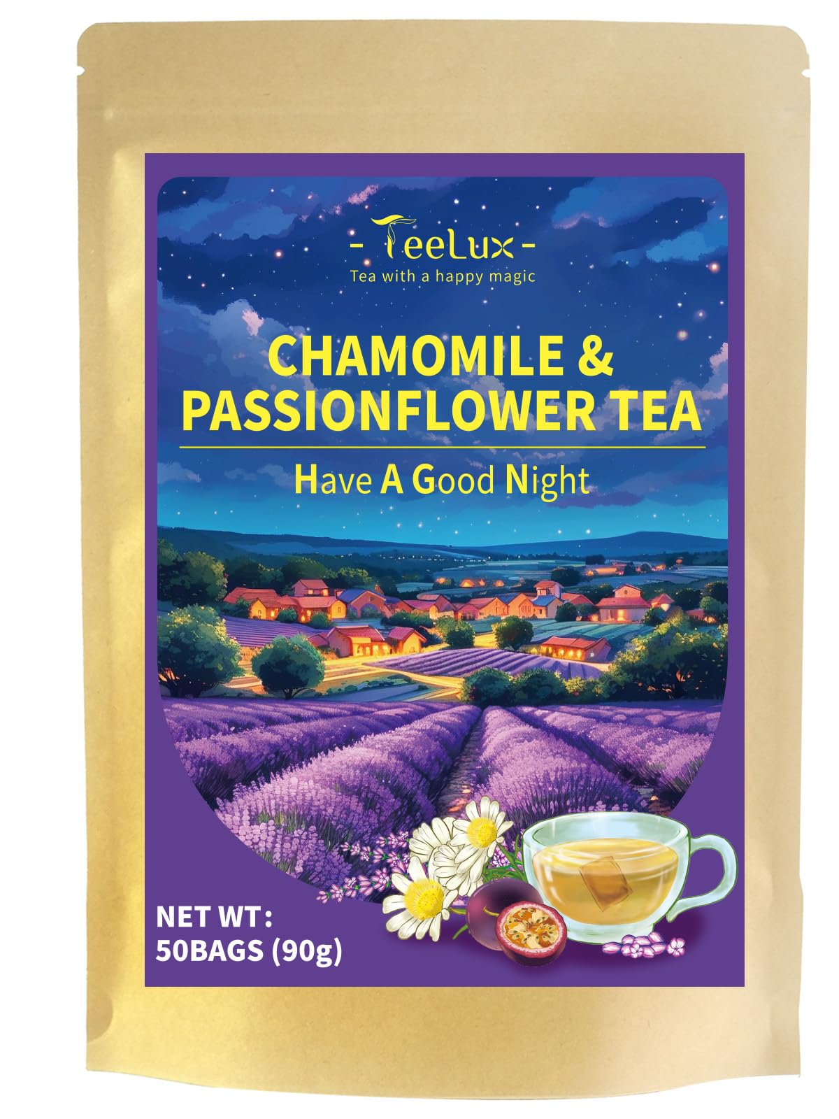 Teelux Chamomile Passionflower Tea  Energy Blend Free Tea With Lemon Balm  Spearmint  Valerian Root  Lavender  Soothing & Smooth Taste  50 Count