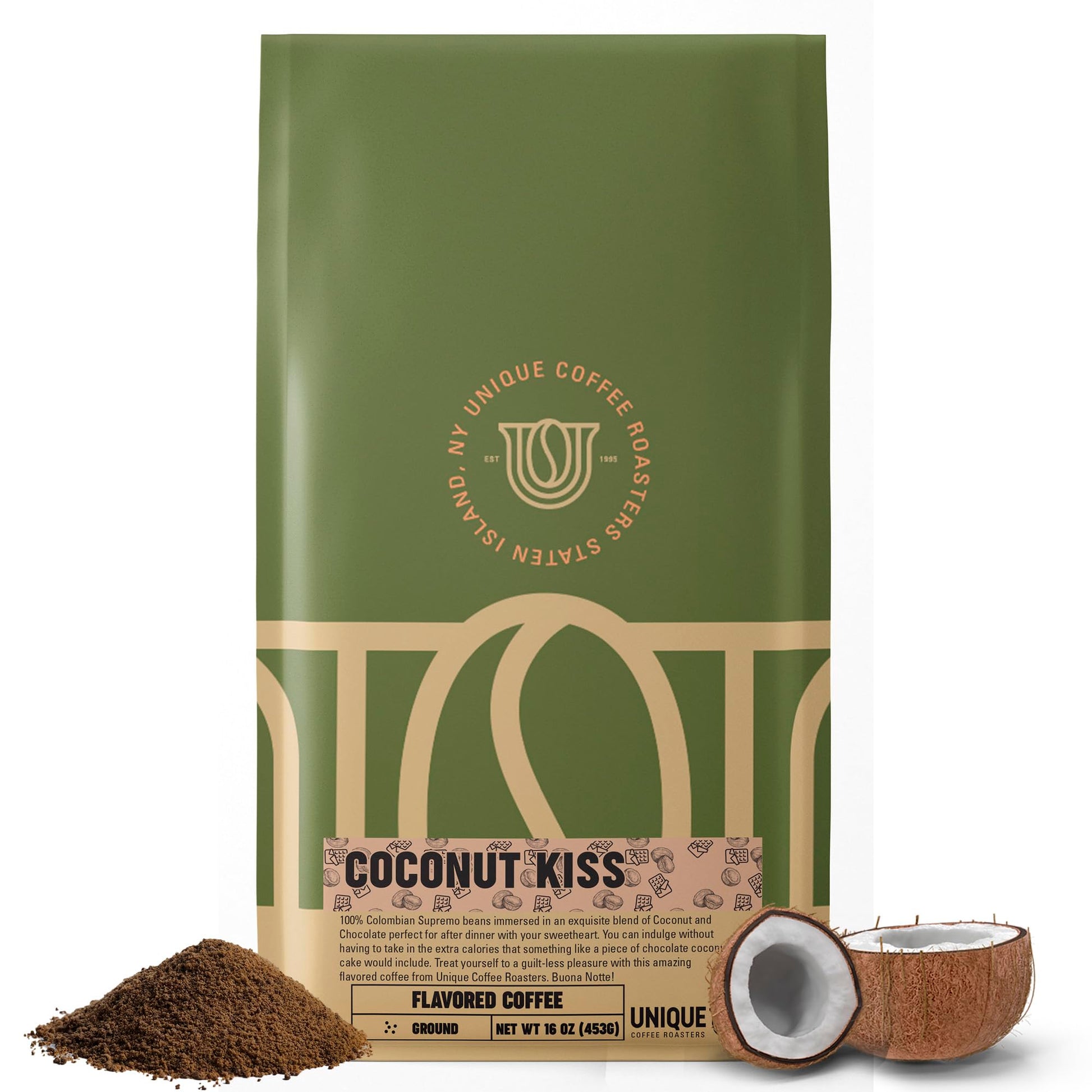 Island Toasted Coconut Kiss Flavored Ground Coffee, 1 LB (16 oz) bag, Medium Roast, 100% Arabica enhanced Quality Flavor