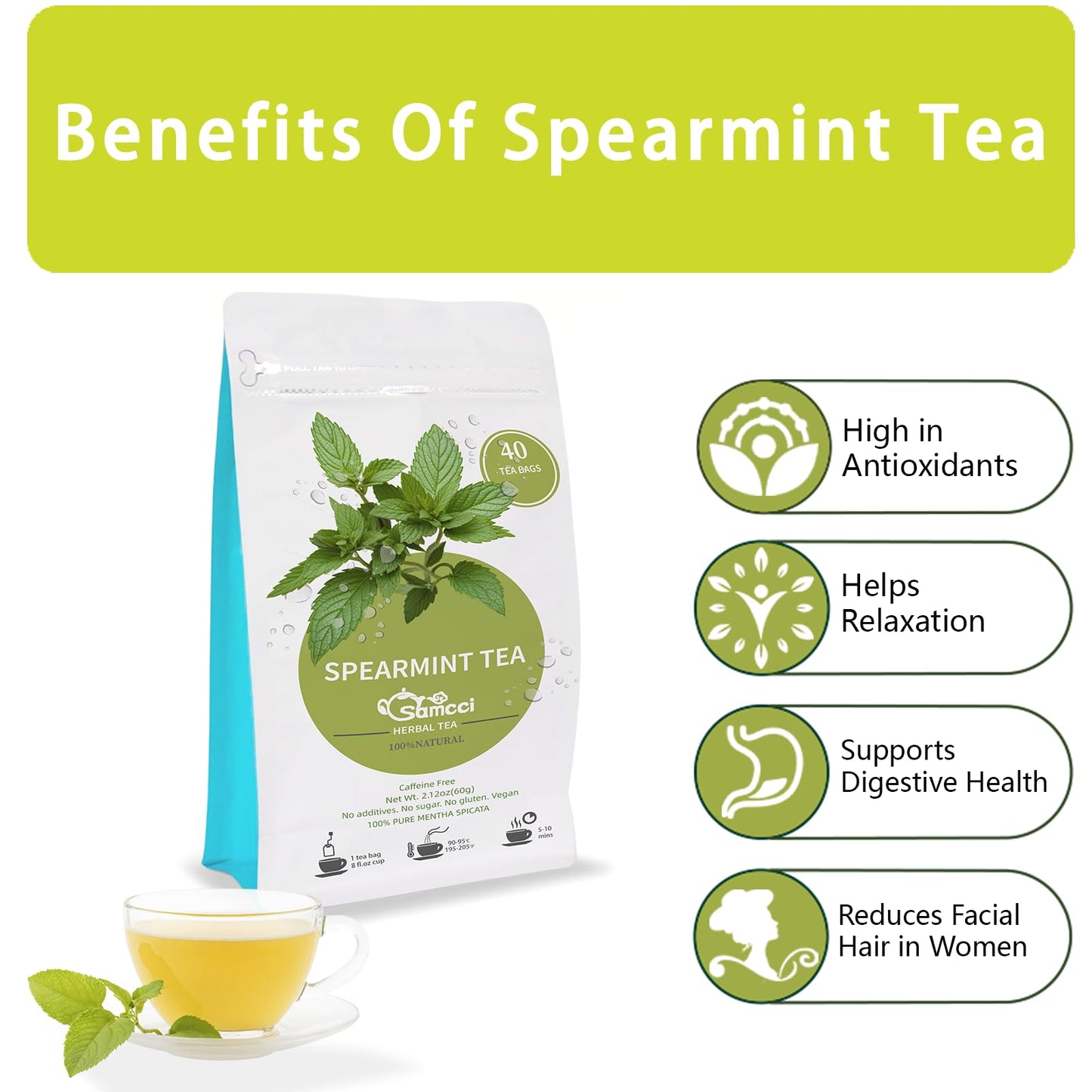SAMCCI Spearmint Tea Bags - Pure Spearmint Leaves, Non-GMO, Caffeine-free, 40 Count