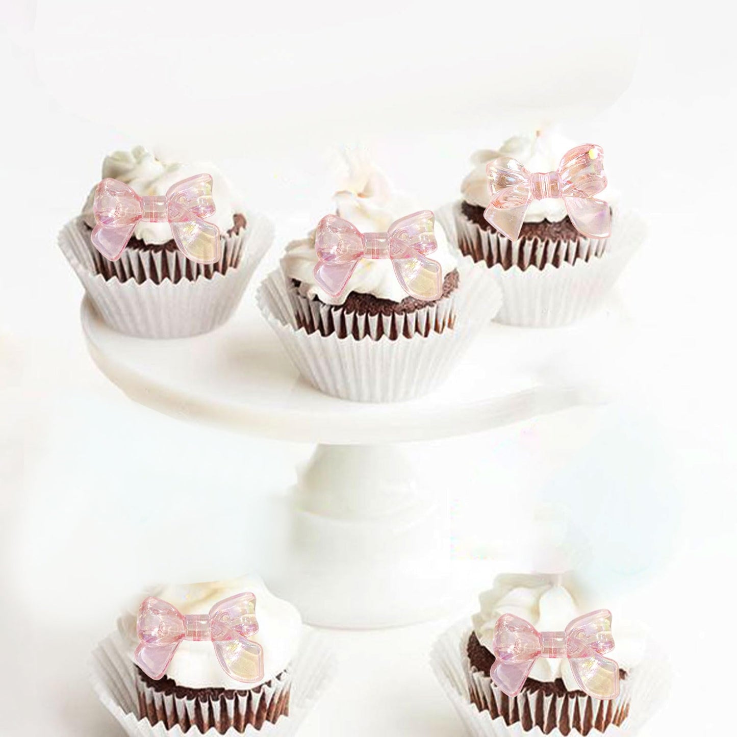 Cyodoos 24Pcs Pink Bow Cake Topper Bowknot Cupcake Toppers Cake Dessert Picks Decoration For Baby Shower Birthday Wedding Party