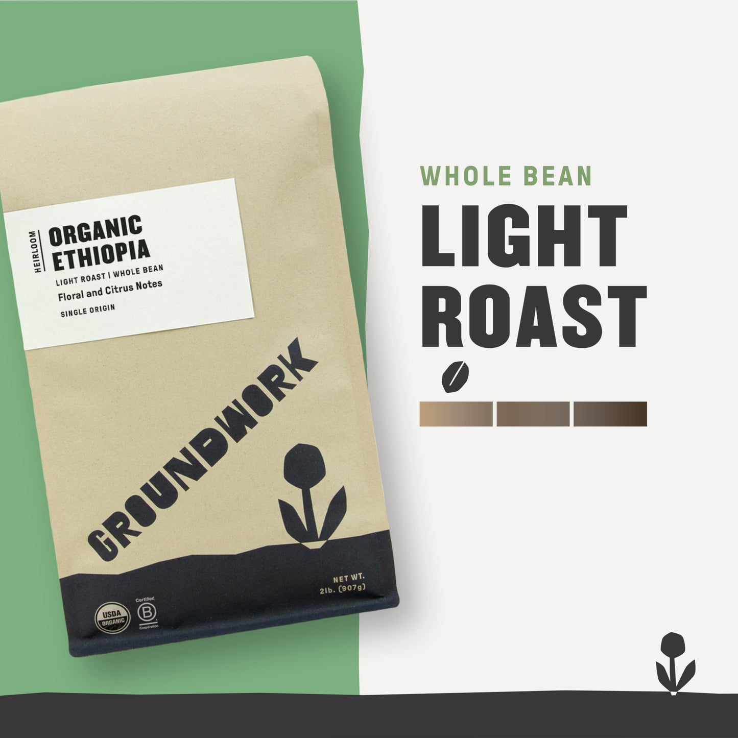 Groundwork Ethiopia Heirloom Blend Whole Bean Coffee Light Roast Organic 2lb Bag