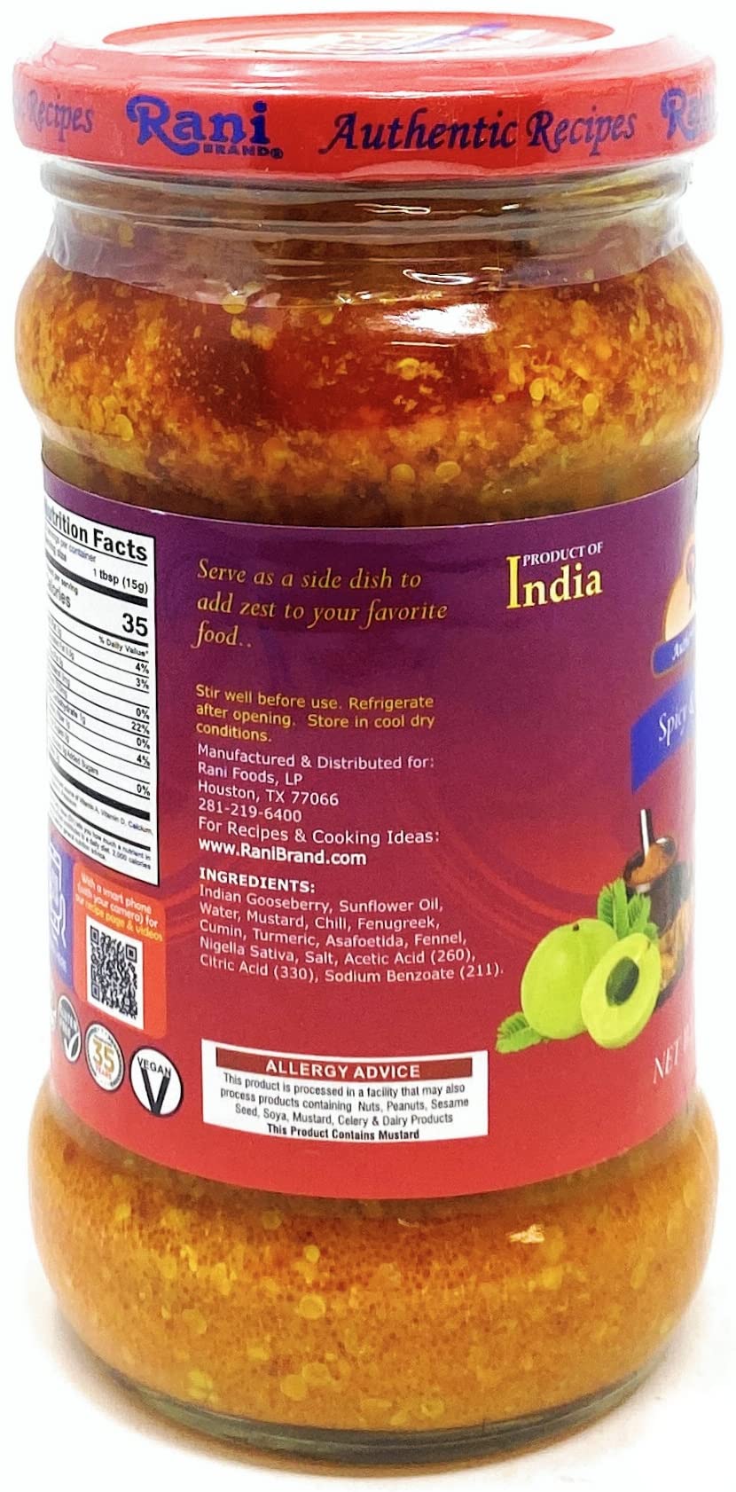 Rani Amla Pickle (Spicy Gooseberry Relish With Spices) 10.5Oz (300G) Glass Jar ~ Vegan | Gluten Free | Non-Gmo | No Colors | Pop