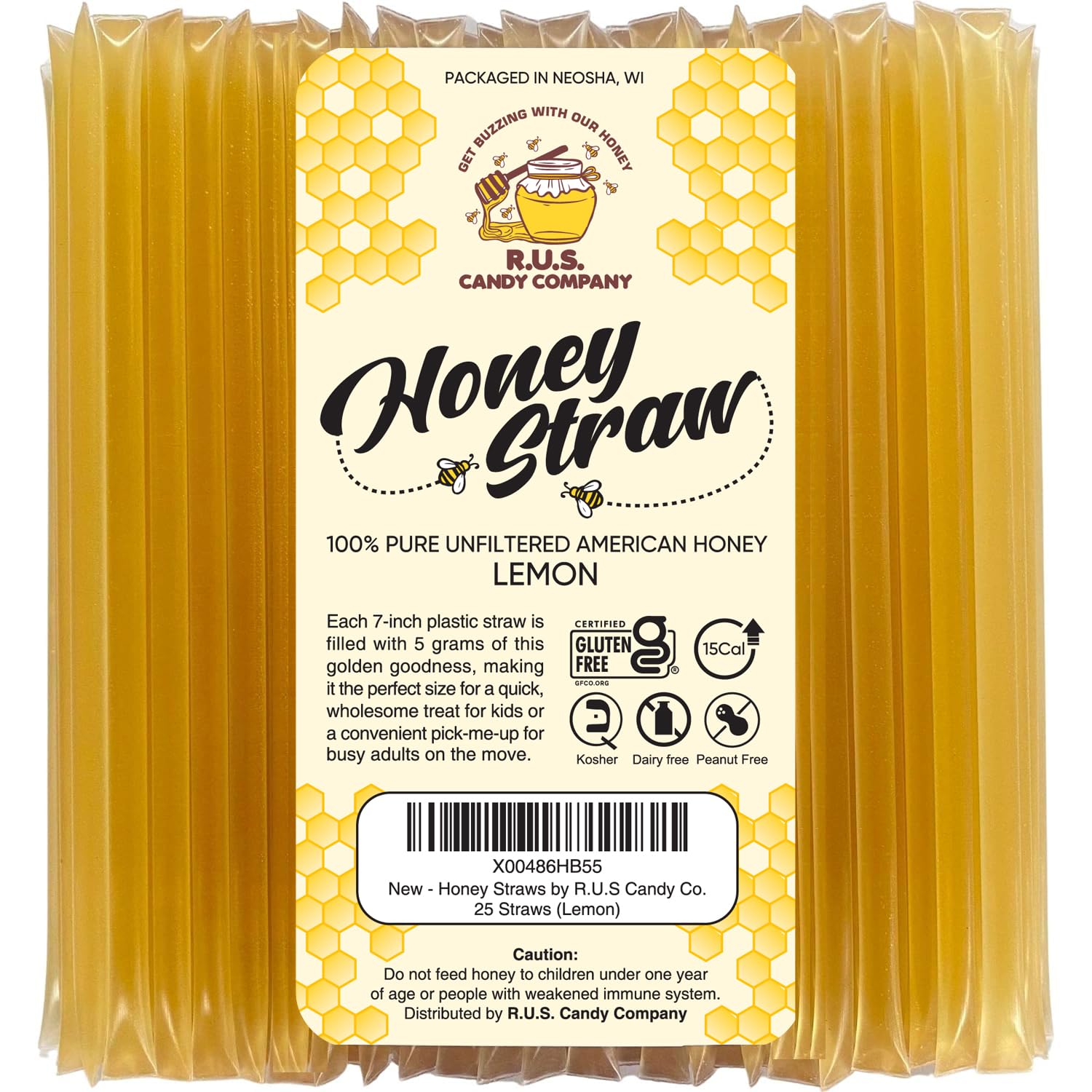 R.U.S. Candy Honey Straws - 25 Pack Lemon Flavor Single Serve Honey Sticks, Perfect for Tea and Snacking