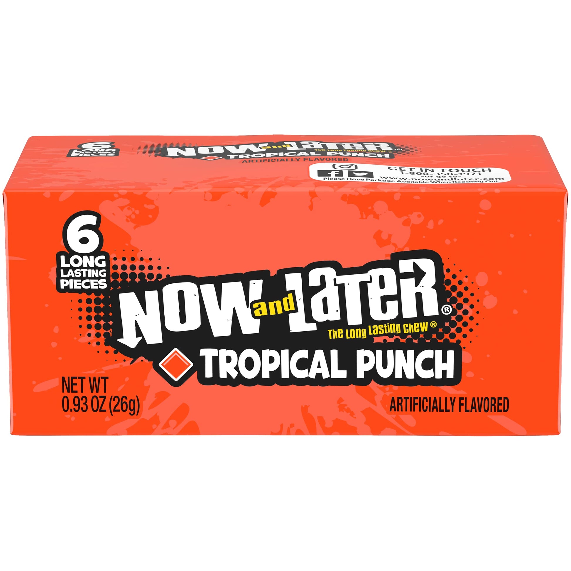 Now & Later Original Taffy Chews Candy, Tropical Punch, 0.93 Ounce Bar, Pack Of 24