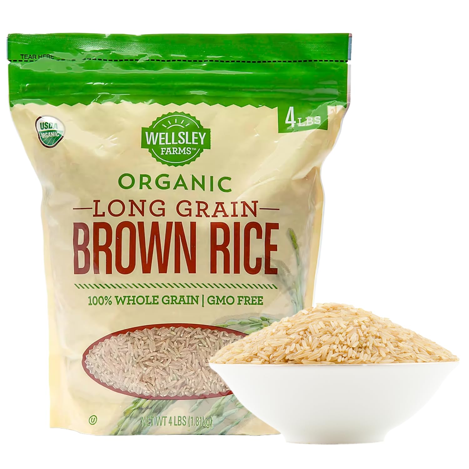 Wellsley Farms Organic Long-Grain Brown Rice | USDA Certified, Kosher, GMO-Free | Quick-Cooking, Nutty Flavor, and Versatile for