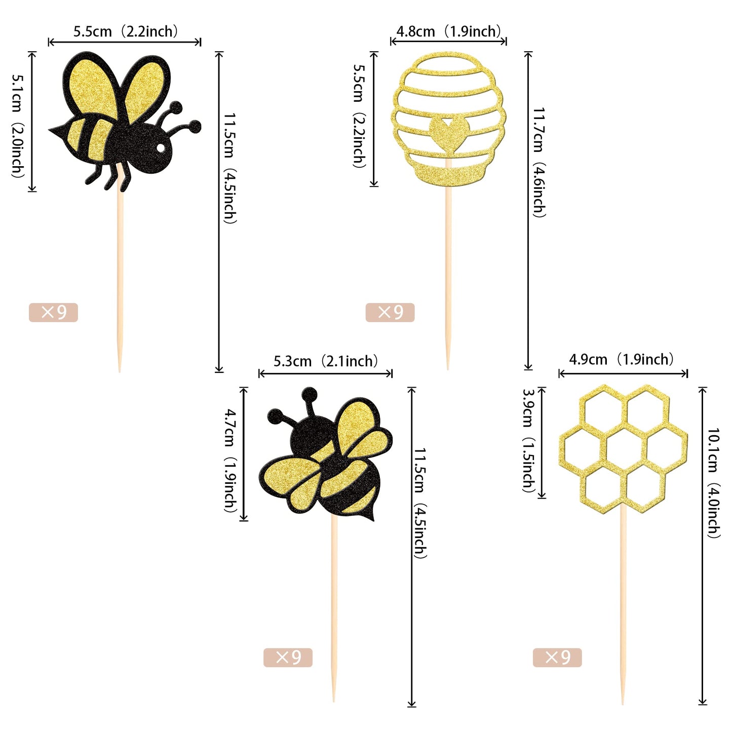 36 Pcs Bumble Bee Cupcake Toppers Glitter Heart Honeycomb Bee Cupcake Picks Baby Shower Cake Decorations For Bee Theme Baby Show