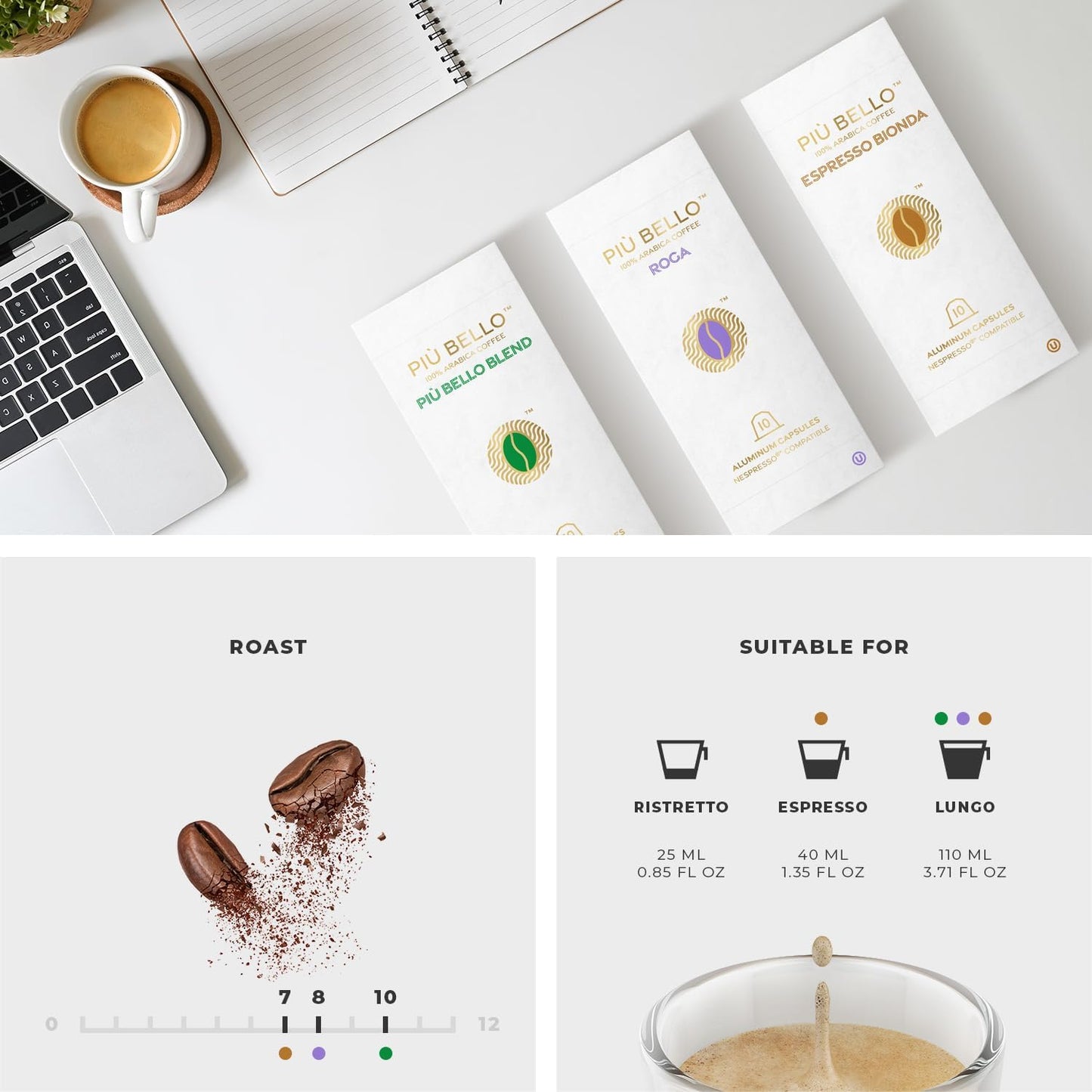 PIU BELLO Espresso Coffee Pods for Nespresso – Light Roast Variety Pack, 3 Flavors, 120 Count