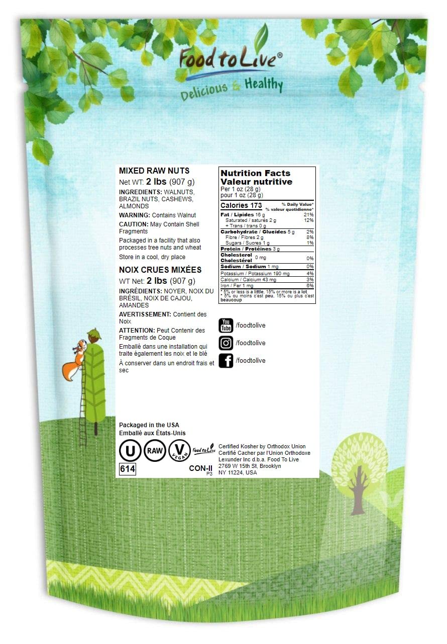 Food To Live - Mixed Raw Nuts, 2 Pounds Cashews, Brazil Nuts, Walnuts, Almonds, Unsalted, Raw, Kosher, Vegan, Bulk