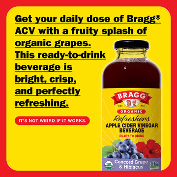 Bragg Organic Apple Cider Vinegar Beverage, Concord Hibiscus, 16 Fl Oz (Pack of 2)
