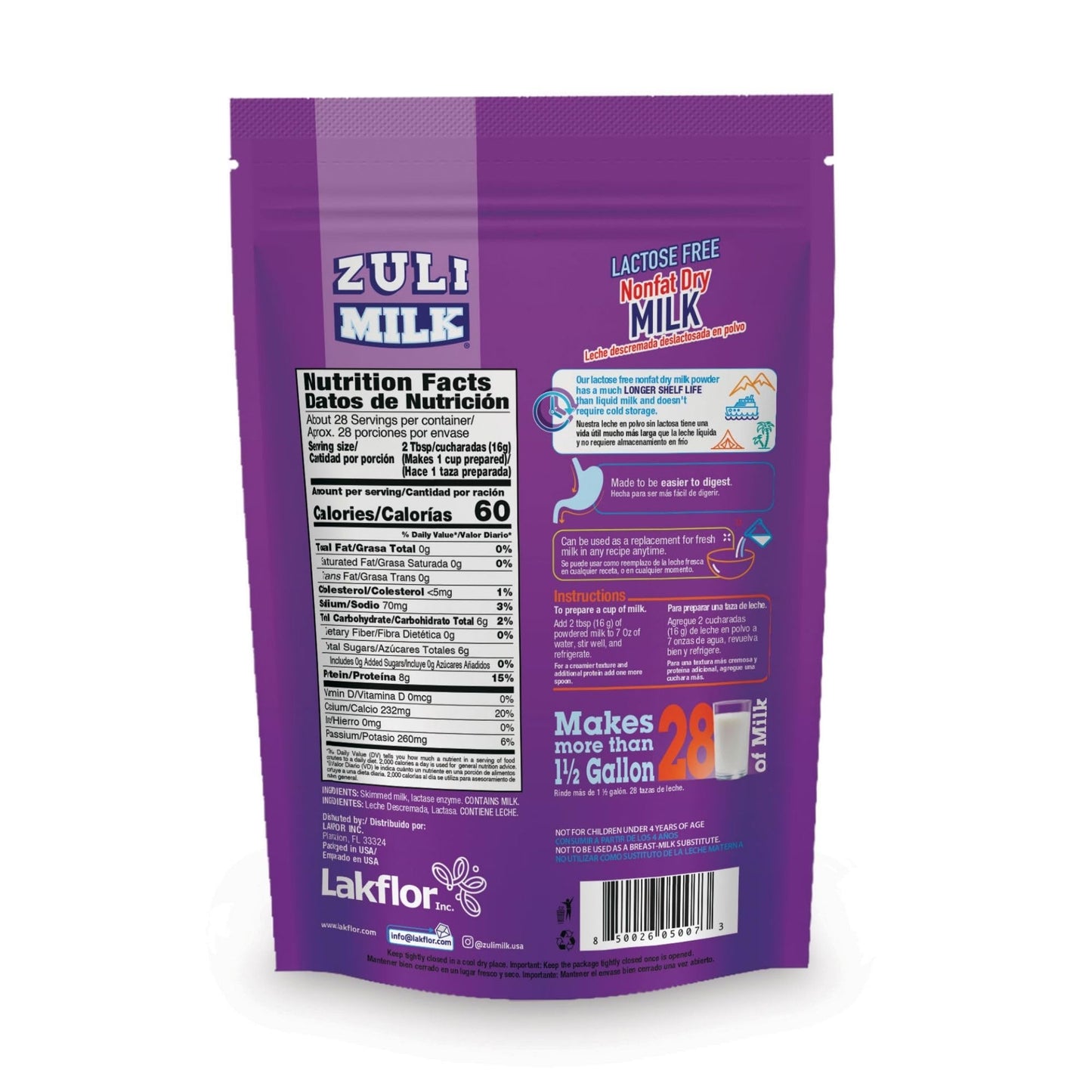ZULI MILK Nonfat Dry Milk Powder for Baking & Coffee, Fat Free, Lactose Free, 16oz (Pack of 3)