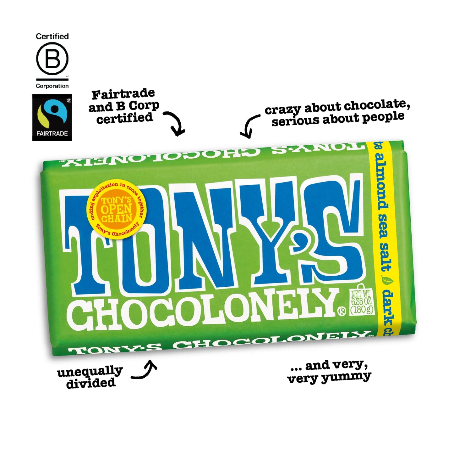 Tonys Chocolonely - 51% Dark Chocolate Bar with Almonds and Sea Salt - Belgium Chocolate, No Artificial Flavoring, Fairtrade &