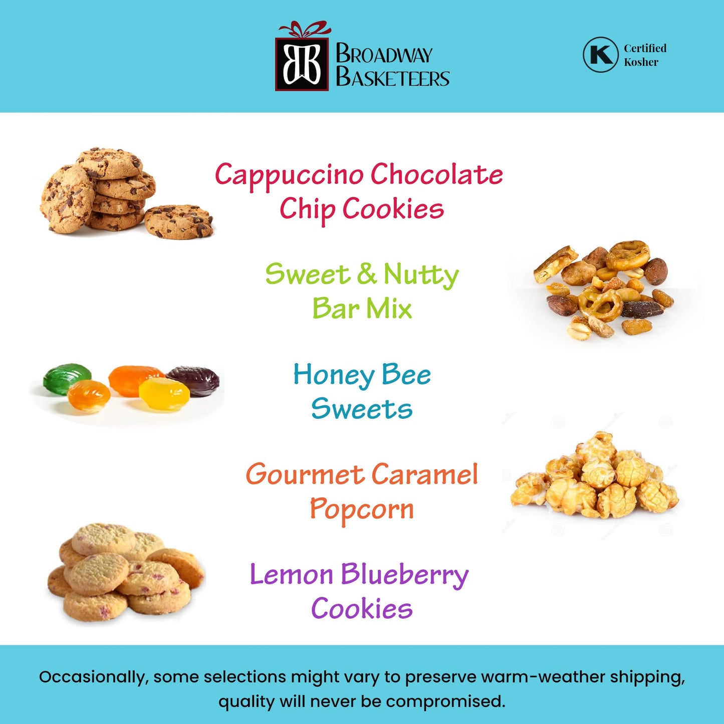 Broadway Basketeers Birthday Food Gift Basket 4 Box Tower – Snack Box, Sweet & Savory Treats For Parties, Best Wishes, Birthday Presents For Women, Men, Mom, Dad, Her, Him, Families
