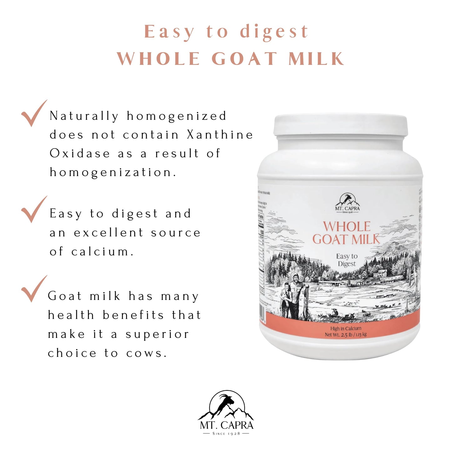 Mt. Capra Whole Goat Milk Powder, Non-GMO, A2, Easy to Digest, 40 Ounce
