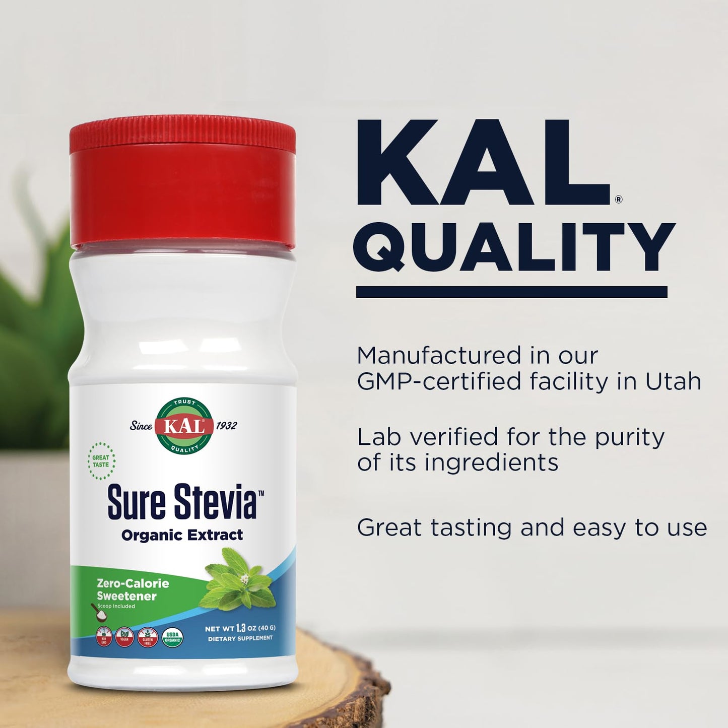 KAL Organic Stevia Powder Sweetener, Low Carb, Zero Calorie, Vegan, Gluten Free, 1.3 oz, Model 4516111
