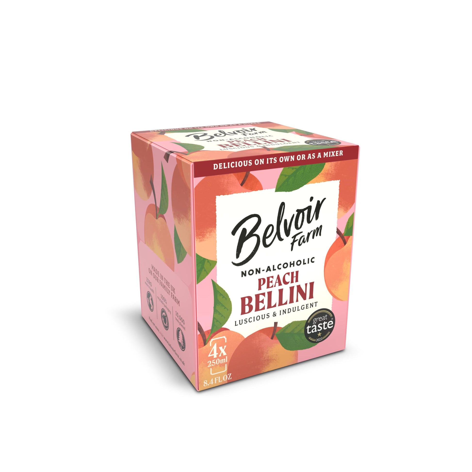 Belvoir Farm Non Alcoholic Peach Bellini 4-Pack of 8.4oz Cans - Refreshing Fizz, Zero Sugar, Organic Ingredients