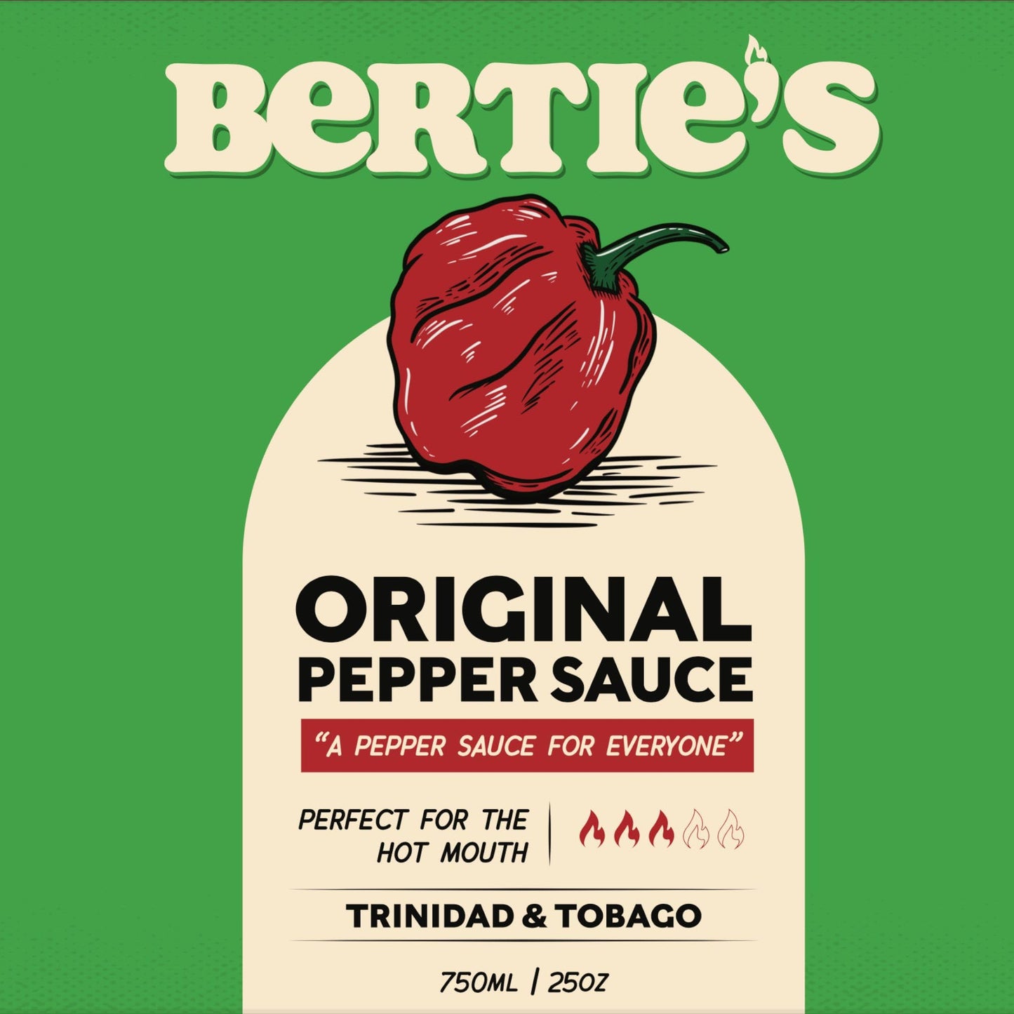 Berties Original Pepper Sauce - Trinidad Moruga & Scotch Bonnet Peppers - 26 Oz (750ml) - Great Flavor and Heat
