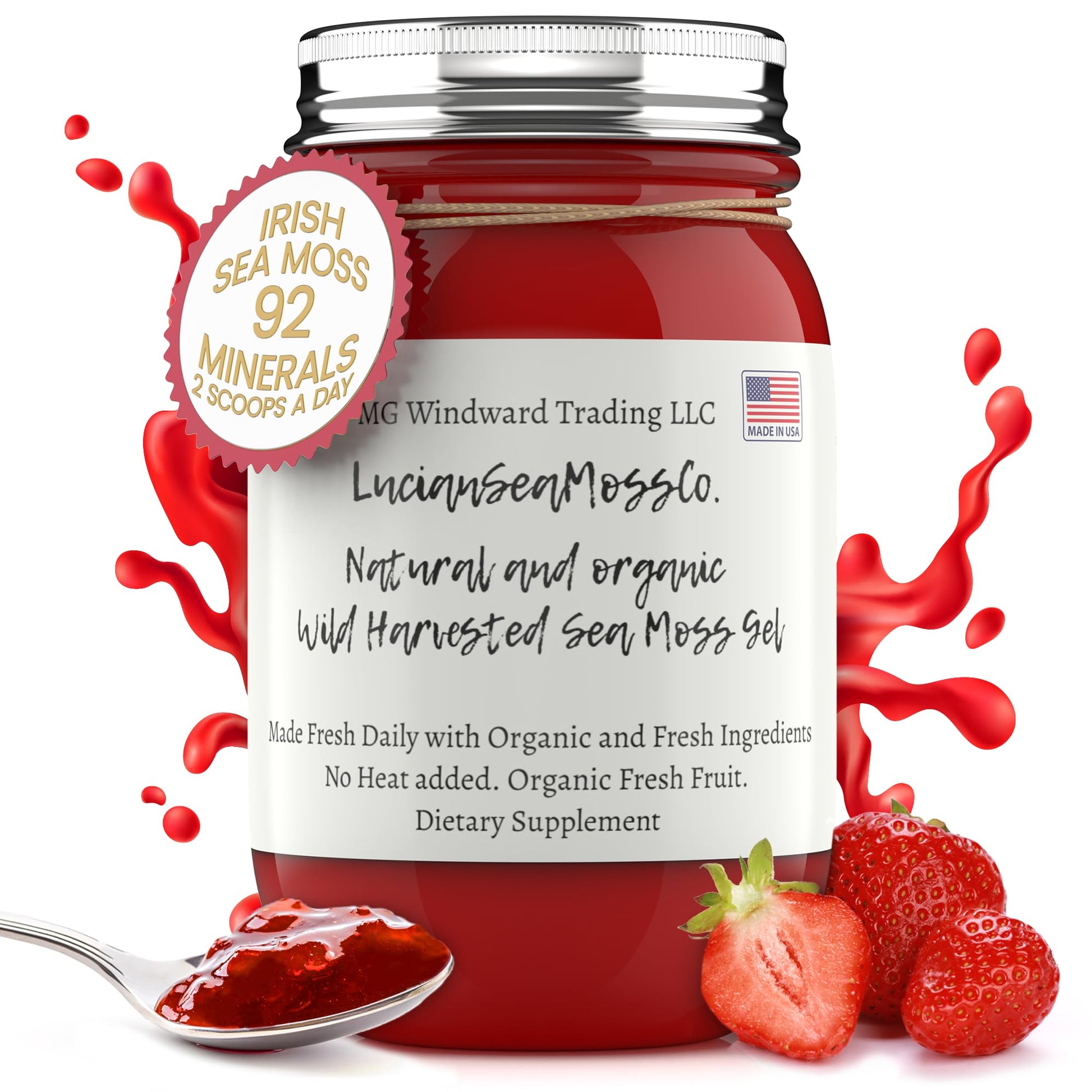 MG Windward Trading Organic Irish Sea Moss Gel - Strawberry Flavor, 16 oz, Immune & Digestive Support, Wild Harvested