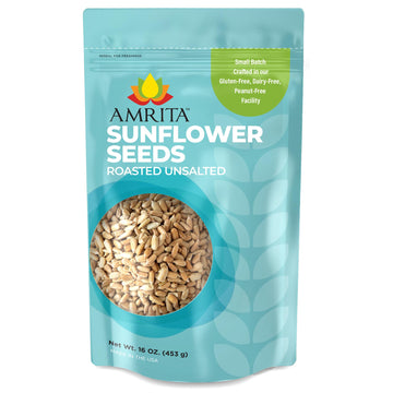 Amrita Foods Roasted Sunflower Seeds 1 Lb | Whole, Unsalted Kernels | Gluten Free, Vegan, Non-Gmo, Allergen Friendly Seeds | High Protein, Keto & Paleo Friendly | Healthy Snack & Salad Topping