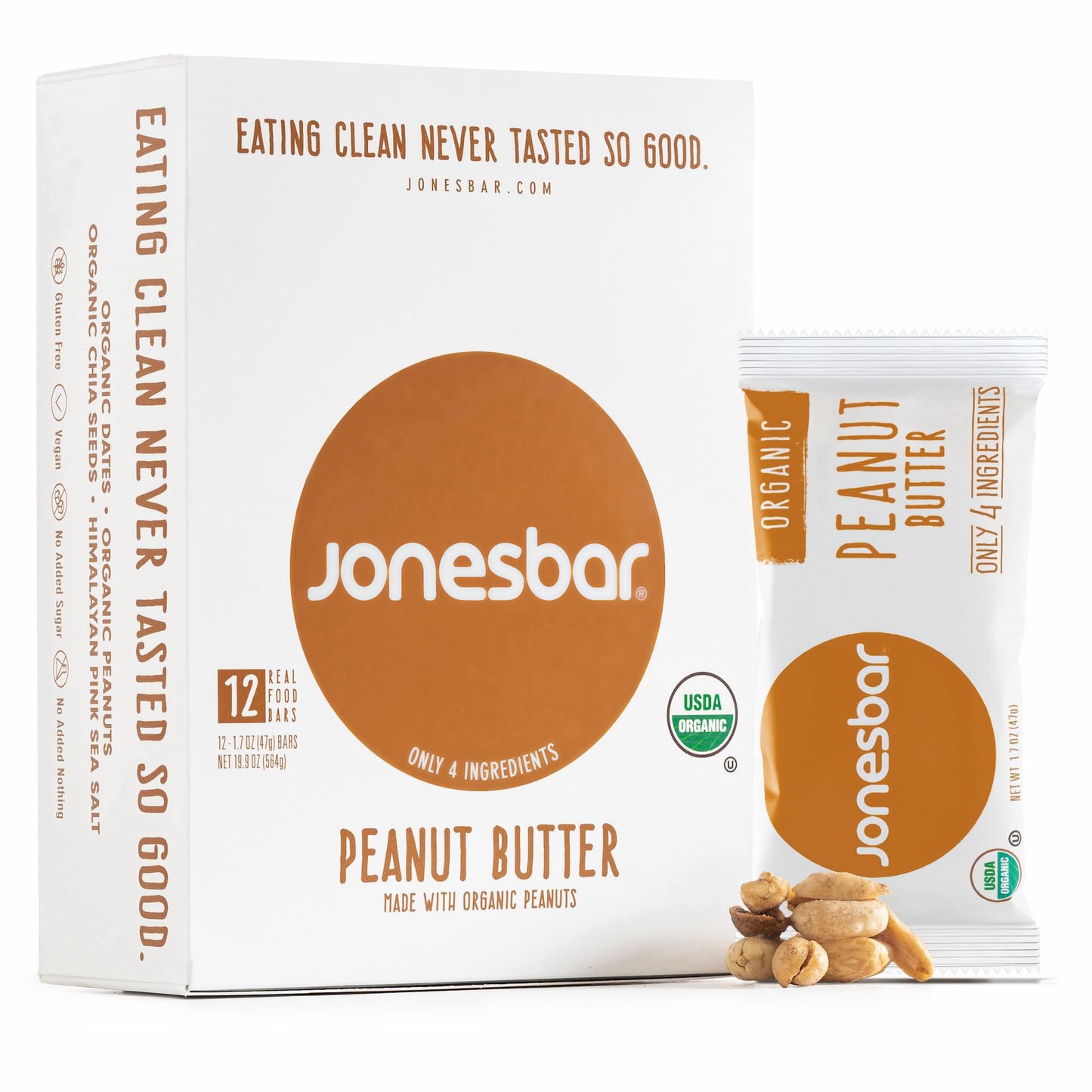 JONESBAR (Peanut Butter, 12 Count (Pack of 1)), USDA Organic Fruit & Nut Bar, Non-GMO, Kosher, Vegan, Gluten Free, Simple Snack 