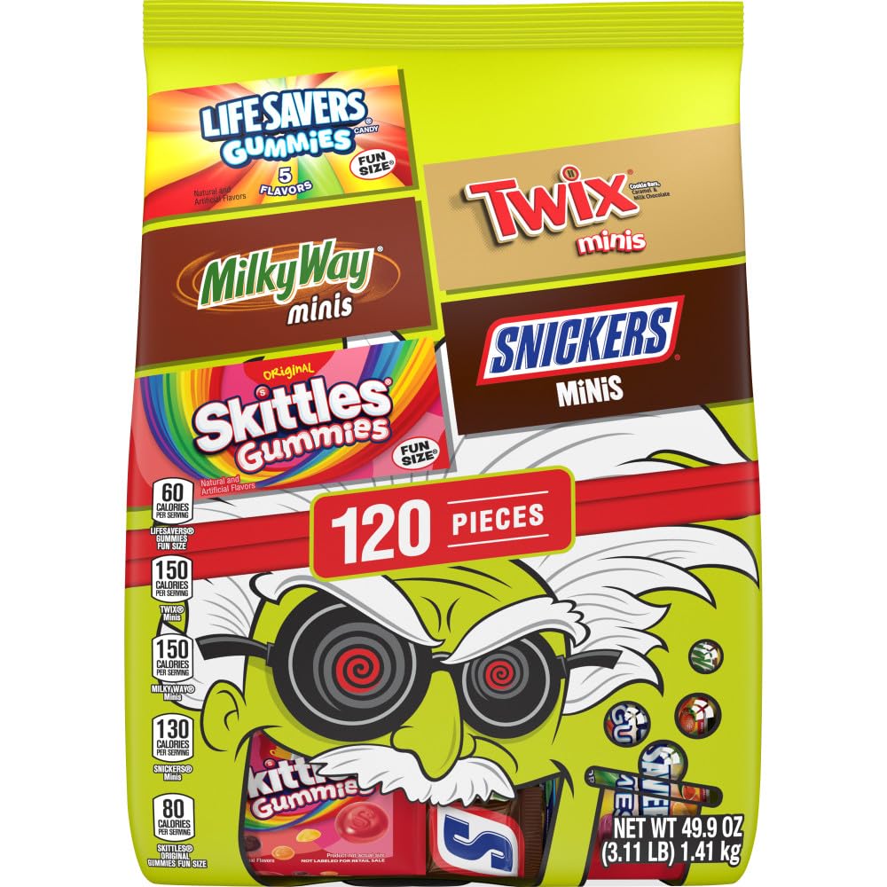 Mars Halloween Candy Variety Pack - SNICKERS Minis, SKITTLES Gummies, LIFE SAVERS Gummies, MILKY WAY Minis & TWIX Minis - 120 pcs Bulk Bag