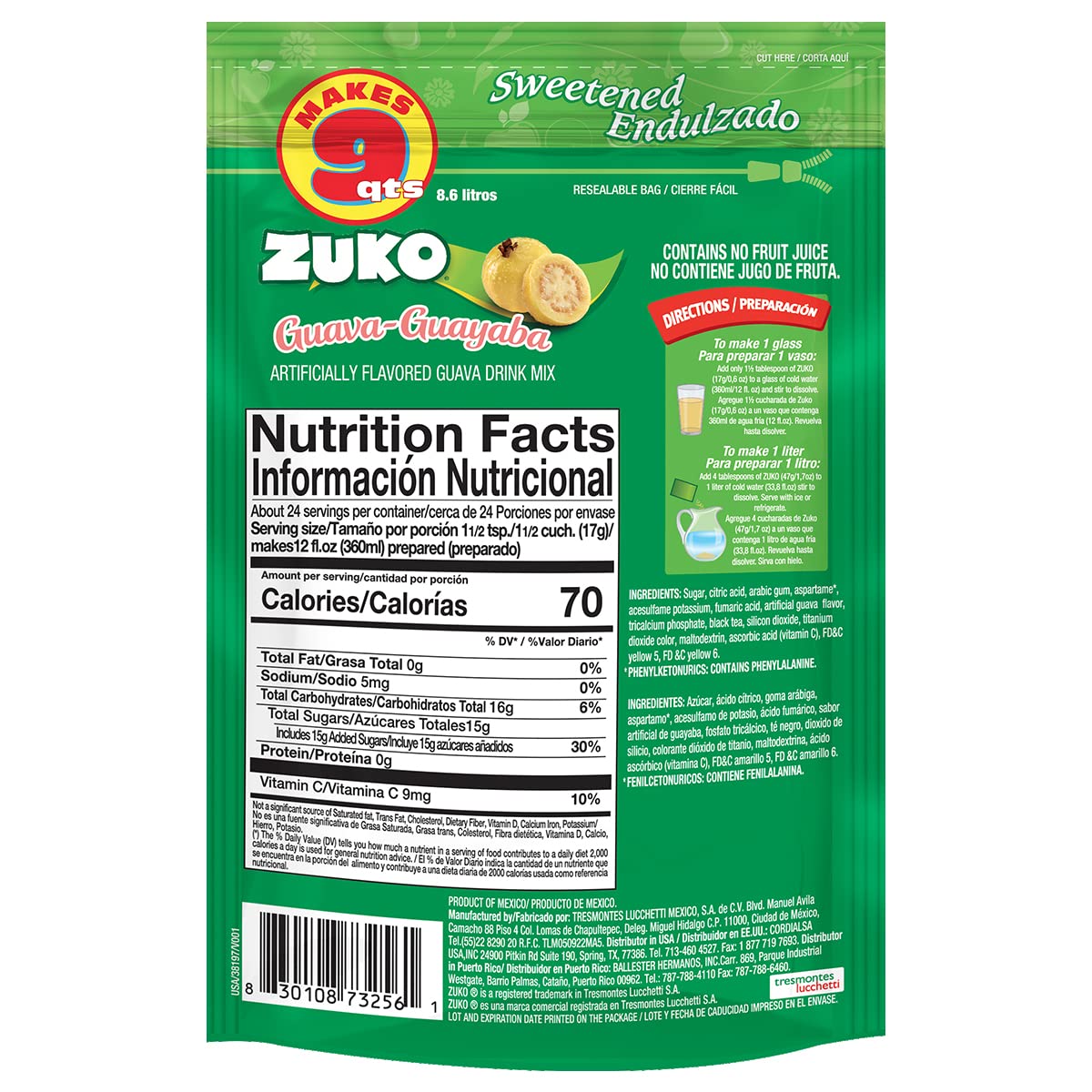 Zuko Guava Instant Powder Drink | Family Pack | No Sugar Needed | Vitamin C | 14.1 Ounce (Pack of 6)