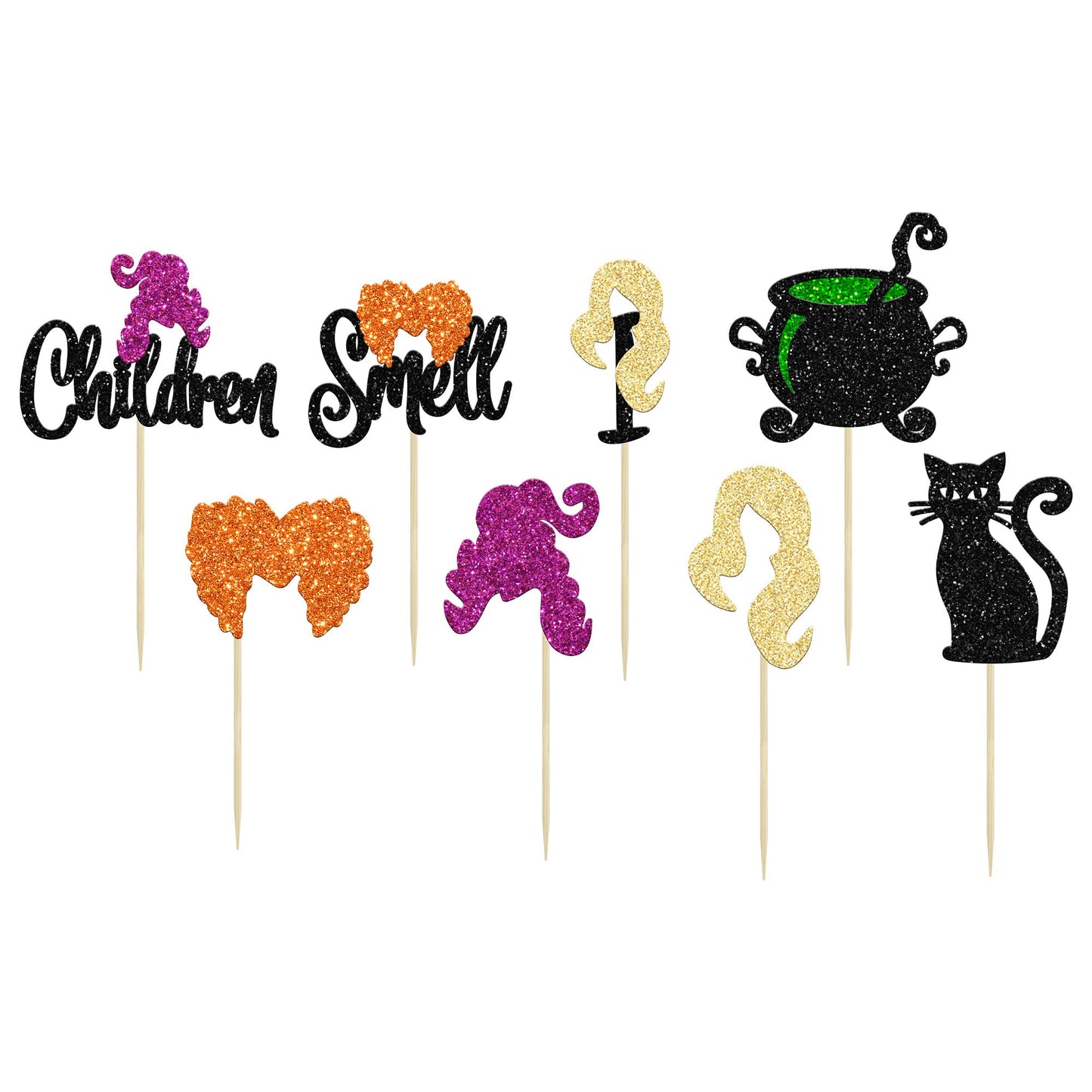 Gyufise 24Pcs Hcus Pous Cupcake Toppers Glitter Witch Hair I Smell Children Halloween Cupcake Picks For Halloween Hocus Pocus Th