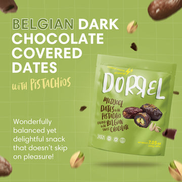 Dorrel Belgian Dark Chocolate Covered Medjool Dates Stuffed With Pistachios, Nutritious And Tasty Dark Chocolate Pistachio Nuts,