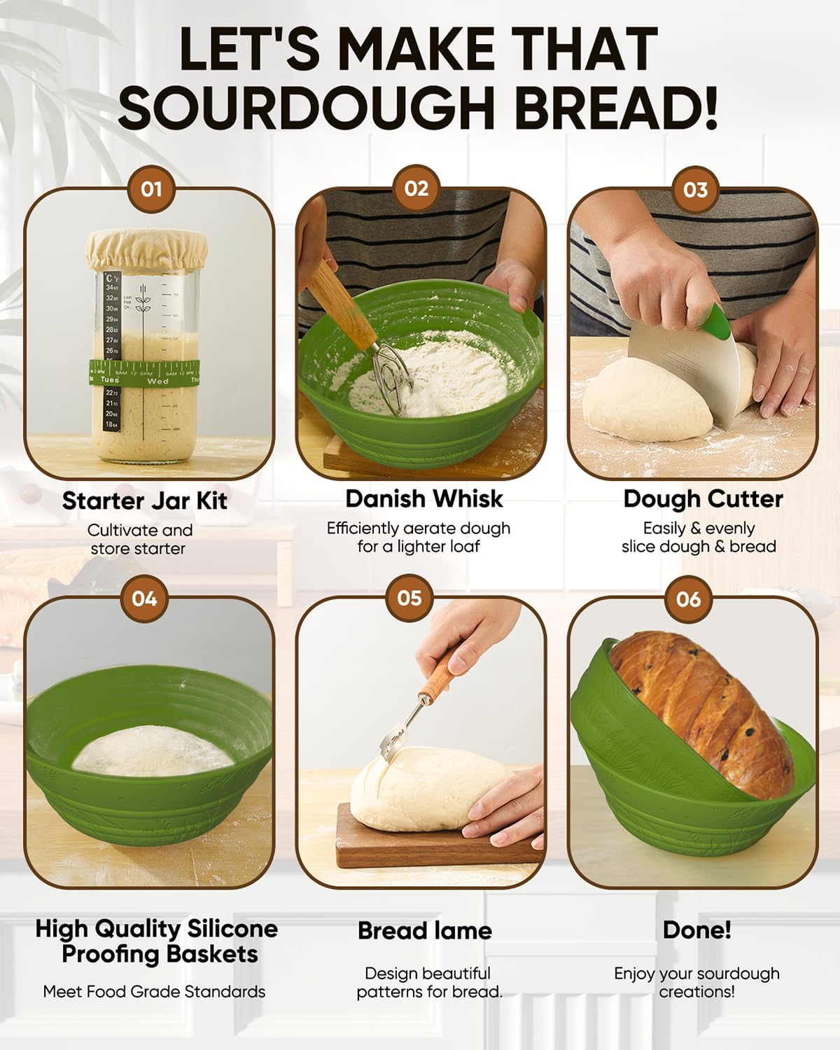 BICRET Sourdough Bread Baking Kit - 34 OZ Starter with 2 Proofing Baskets - Green