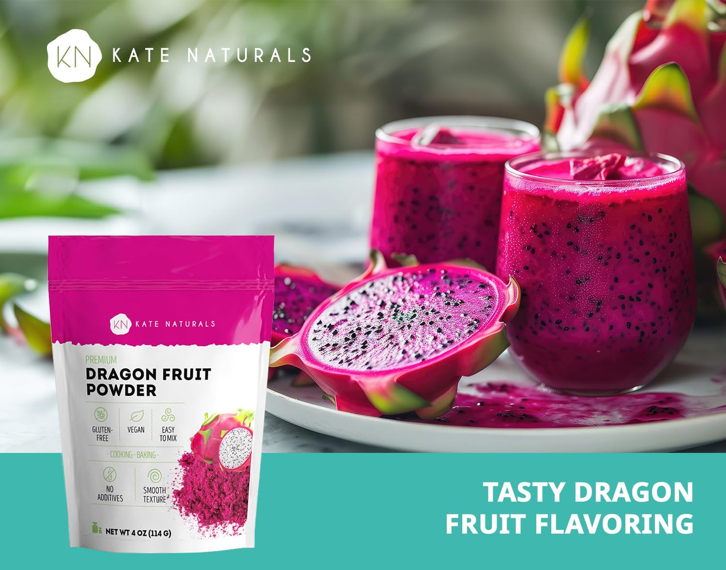 Kate Naturals Dragon Fruit Powder For Baking & Drink (4Oz). Vegan, Gluten Free Dried Pink Pitaya Powder For Dragonfruit Syrup, Smoothie & Food Coloring