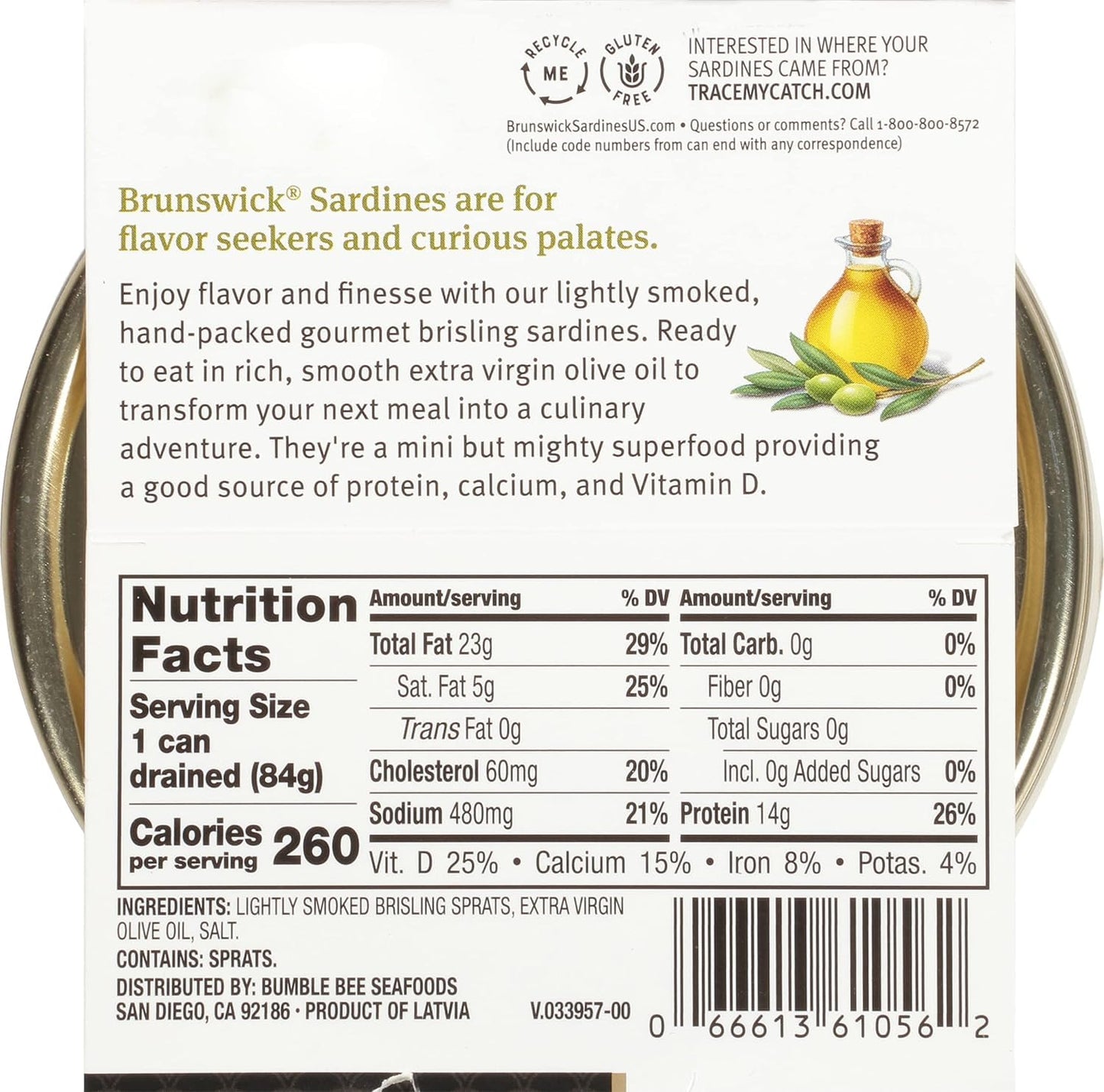 Brunswick Gourmet Brisling Sardines in Extra Virgin Olive Oil, 4.23 oz - Wild Caught, 14g Protein, Gluten Free, Keto Friendly