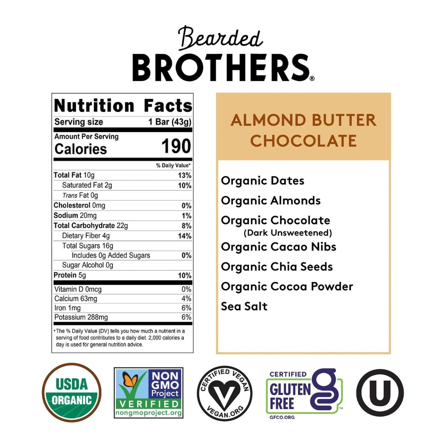 Bearded Brothers Organic Vegan Protein Energy Bars, Almond Butter Chocolate, Gluten Free, 12 Count