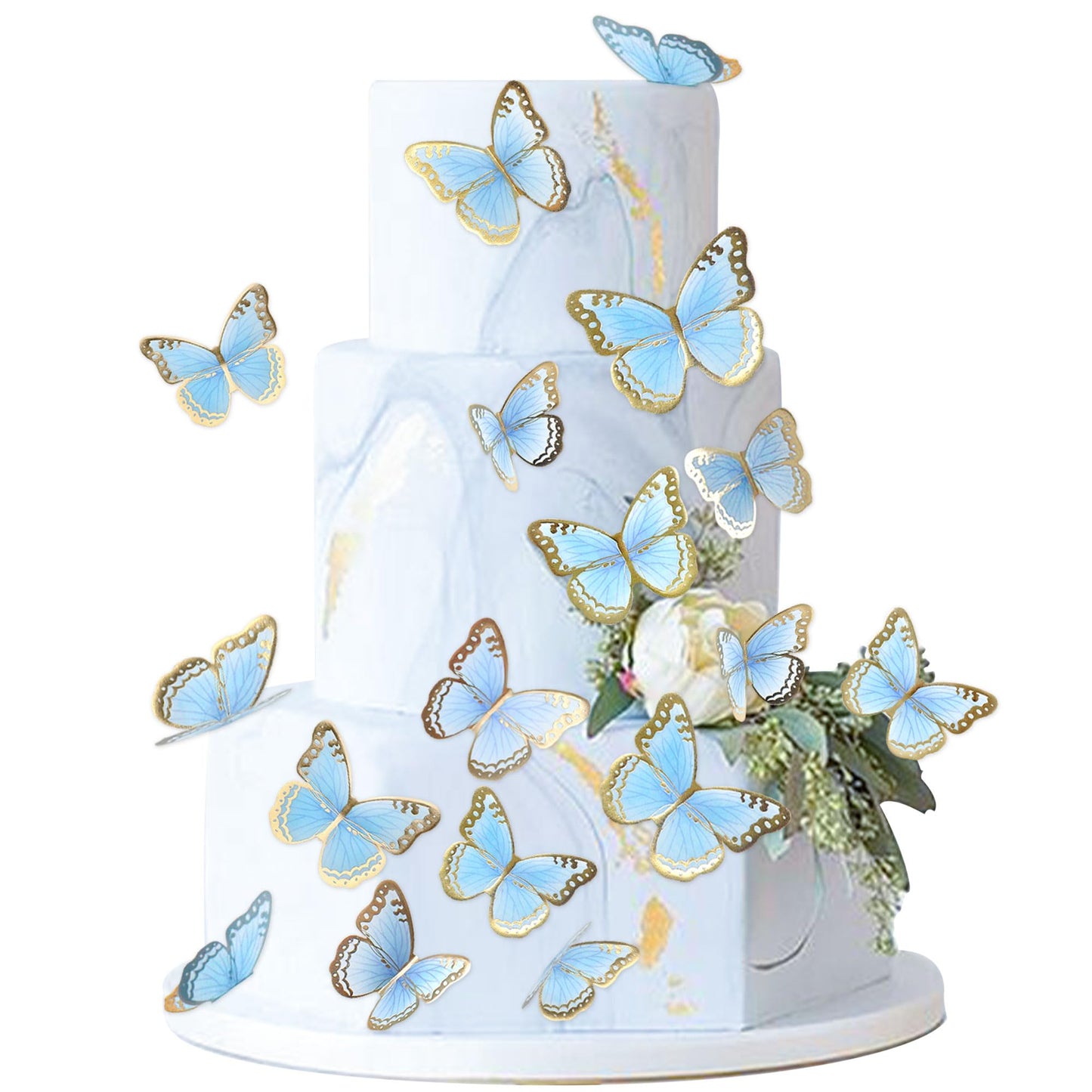 Cyodoos 30Pcs Blue Gold Edge Mixed Size Lively 3D Waterproof Butterfly Cupcake Topper For Girls Women'S Happy Birthday Wedding P