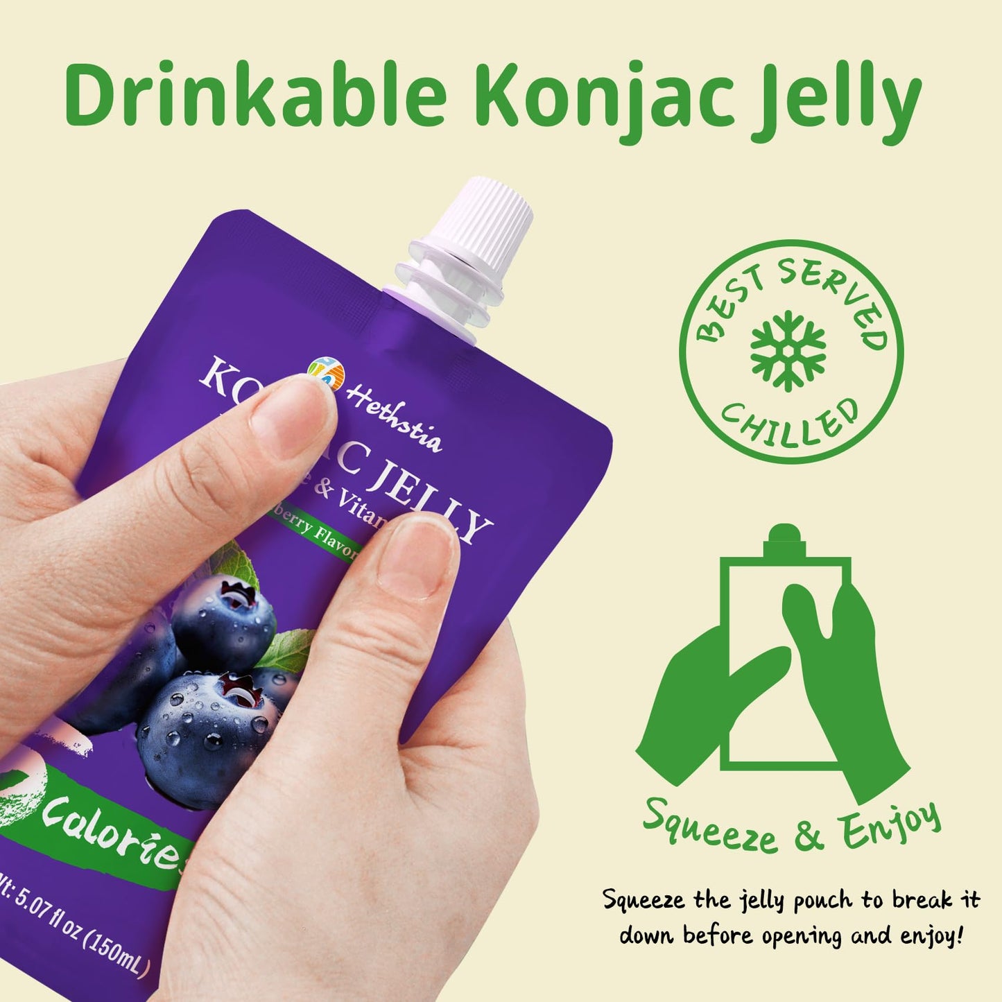 Hethstia Konjac Jelly Pouch Drinkable Variety Pack - Low Calorie, Gluten-Free, Vegan, Keto, Vitamin C, 10 Pack - Lychee, Blueber