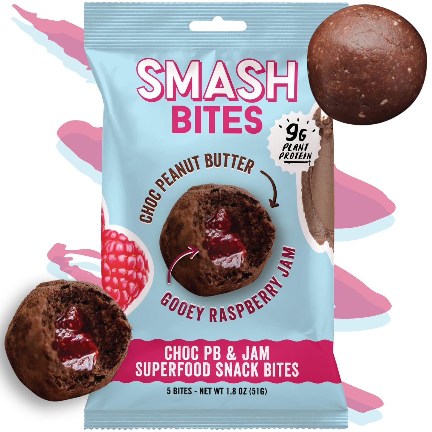 Chia Smash Raspberry Energy Bites | Gluten-Free Vegan Snack Balls | 8g Protein | 8 Pack (5 Bites) | Chocolate Peanut Butter & Raspberry