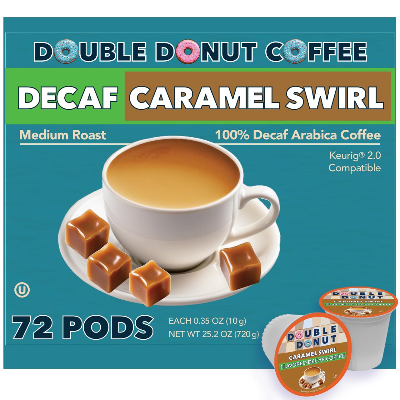 Double Donut Coffee Decaf Caramel Swirl Coffee Pods, Medium Roast, Compatible with Keurig, 72 Count