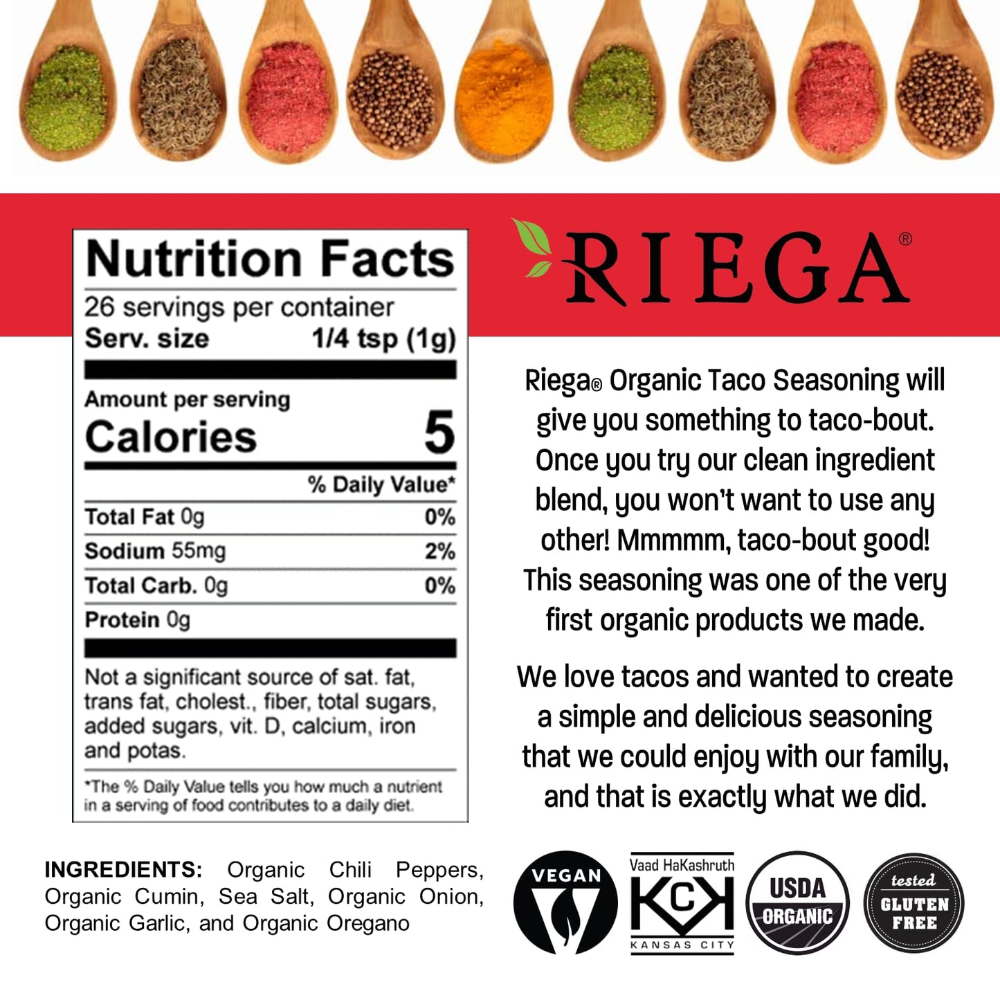 Riega Organic Taco Seasoning, Perfect Tex Mex Spice Mix For Taco Tuesday And Chili 0.9 Ounce (Pack Of 8)