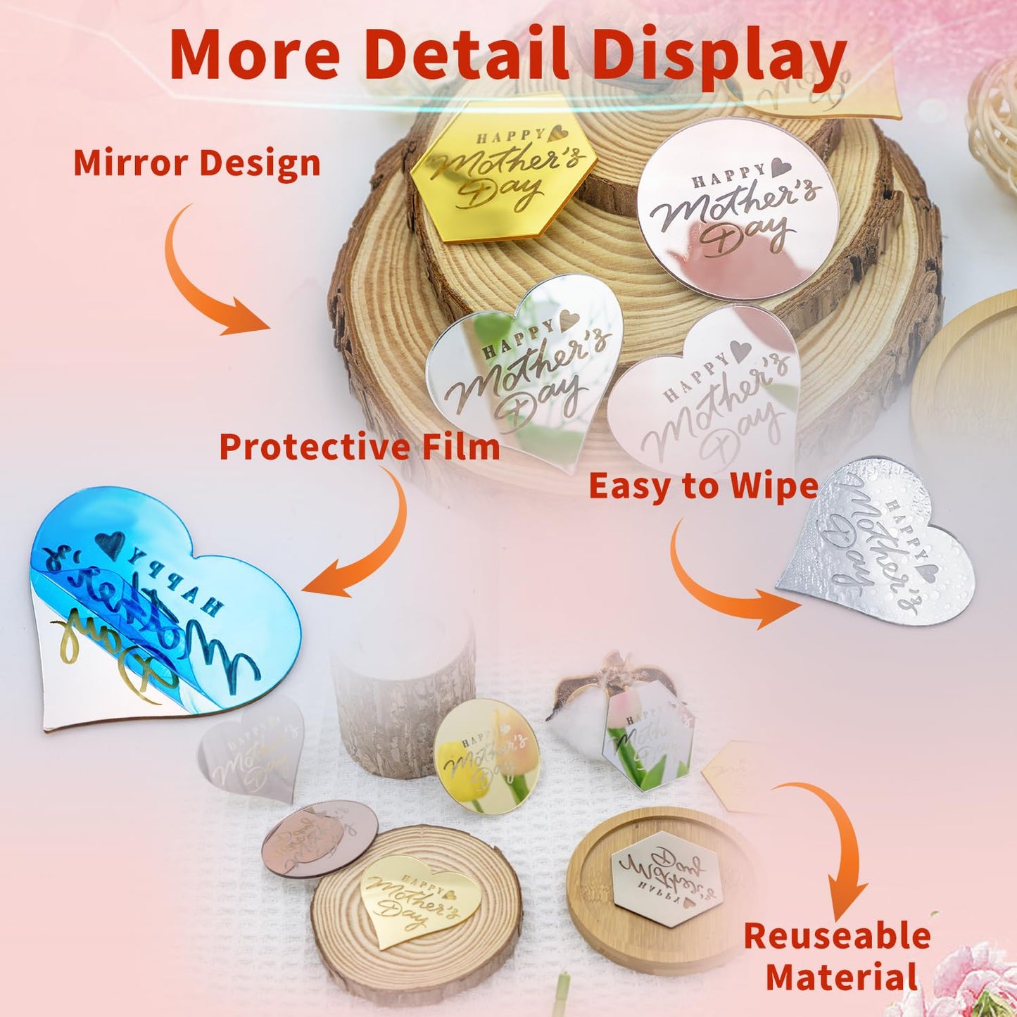 Ansee 45PCS Cake Toppers - Mirror Acrylic Cupcake Picks, Multi-shape, Gold, Silver, Rose Gold for Birthdays, Anniversaries, Pastries