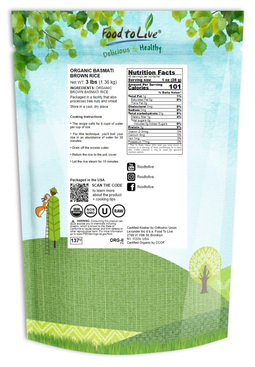 Food to Live - Organic Brown Basmati Rice, 3 Pounds Non-GMO, Whole Grain, Long-Grain Rice Variety, Fragrant, Kosher, Vegan, Bulk