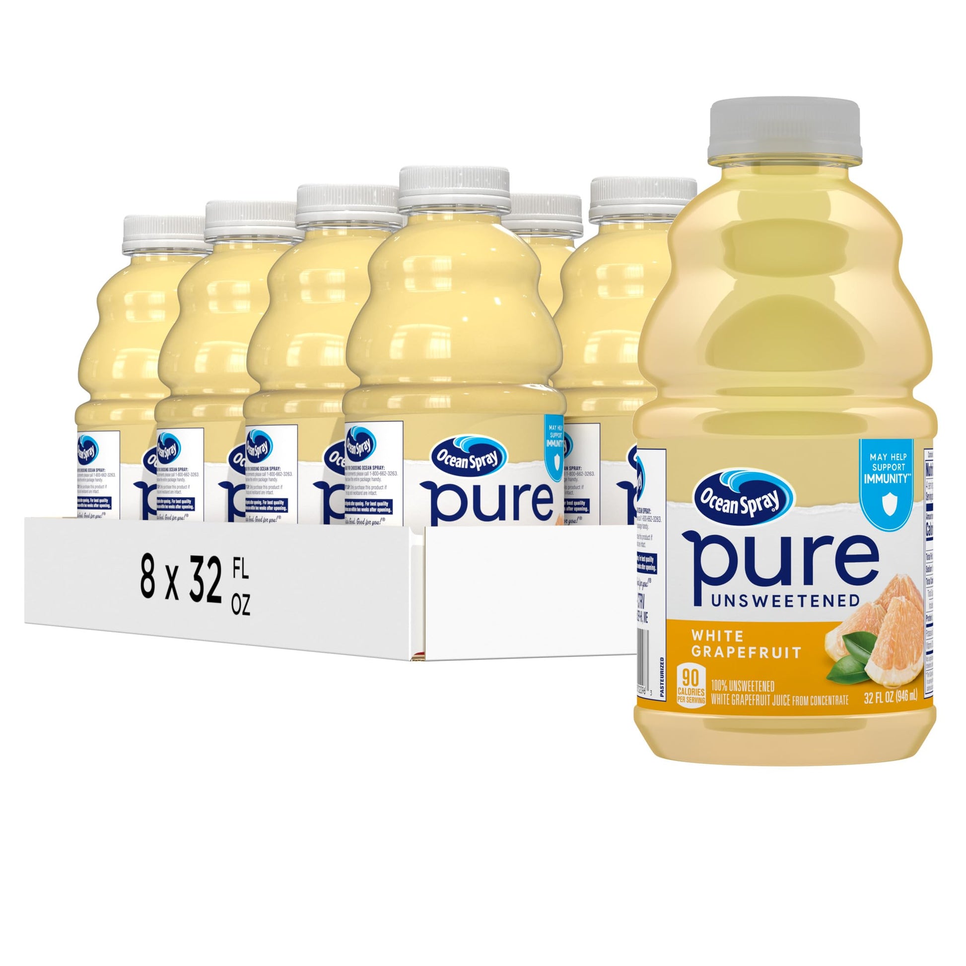 Ocean Spray Pure Unsweetened White Grapefruit Juice, 32 Fl Oz Bottle, Pack of 8