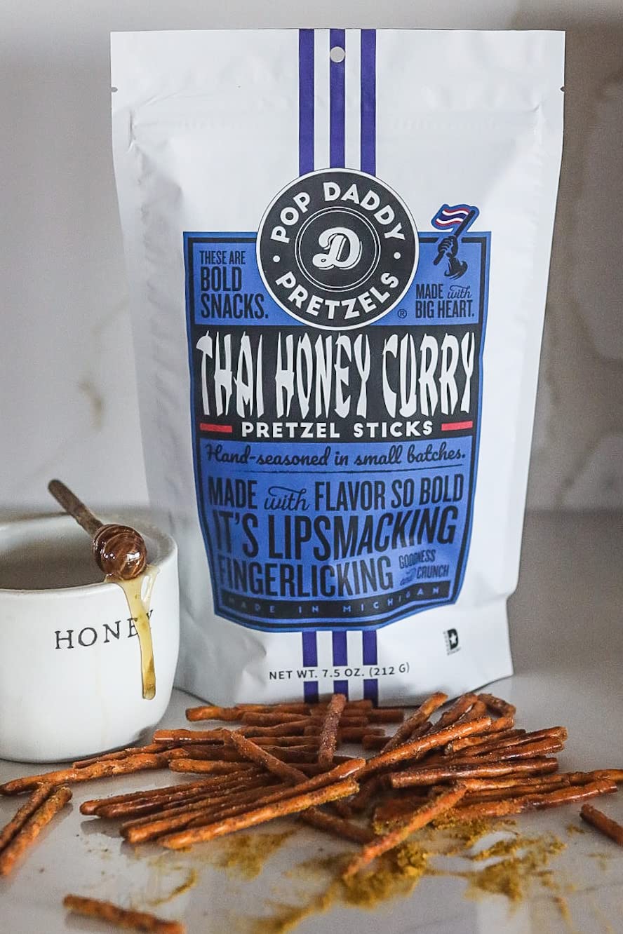 POP DADDY Flavored Pretzel Sticks, Thai Honey Curry, 7.5oz Individual Bags, 3 Pack