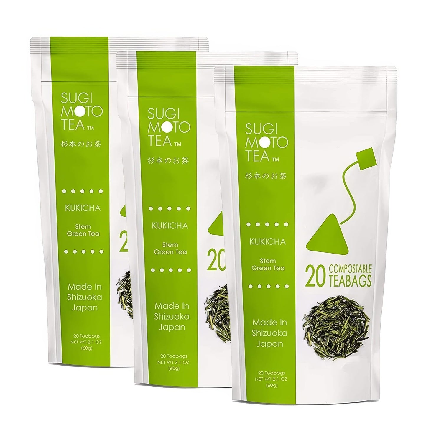 SUGIMOTO TEA Japanese Kukicha Stem Green Tea Bags 20 Count Pack of 3