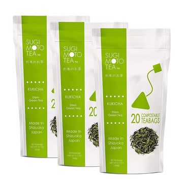 SUGIMOTO TEA Japanese Kukicha Stem Green Tea Bags 20 Count Pack of 3