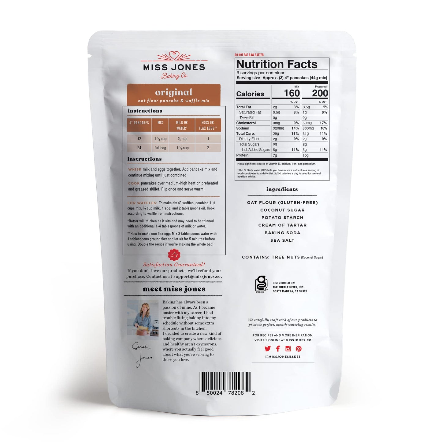 Miss Jones Baking Oat Pancake & Waffle Mix - Gluten Free, 10g Protein, Whole Grains, 13.99 oz (Pack of 6) - Natural Flavor