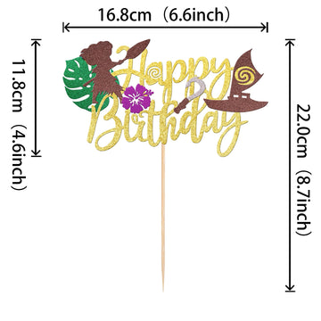 1 Pcs Moana Happy Birthday Cake Topper Glitter Palm Leaf Flower Moana Cake Pick Tropical Hawaiian Luau Theme Cake Decorations Fo